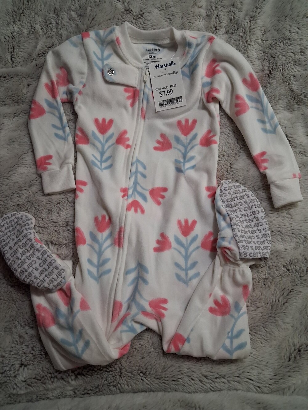 Carter's White Fleece One-Piece Footie with Pink & Light Blue Floral Print